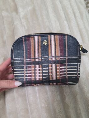Tory Burch Navy Striped Cosmetic Pouch with Pink, Tan & Brown Accents